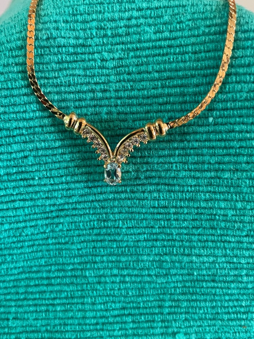 Gold Tone V-Style Necklace with Aquamarine Accent